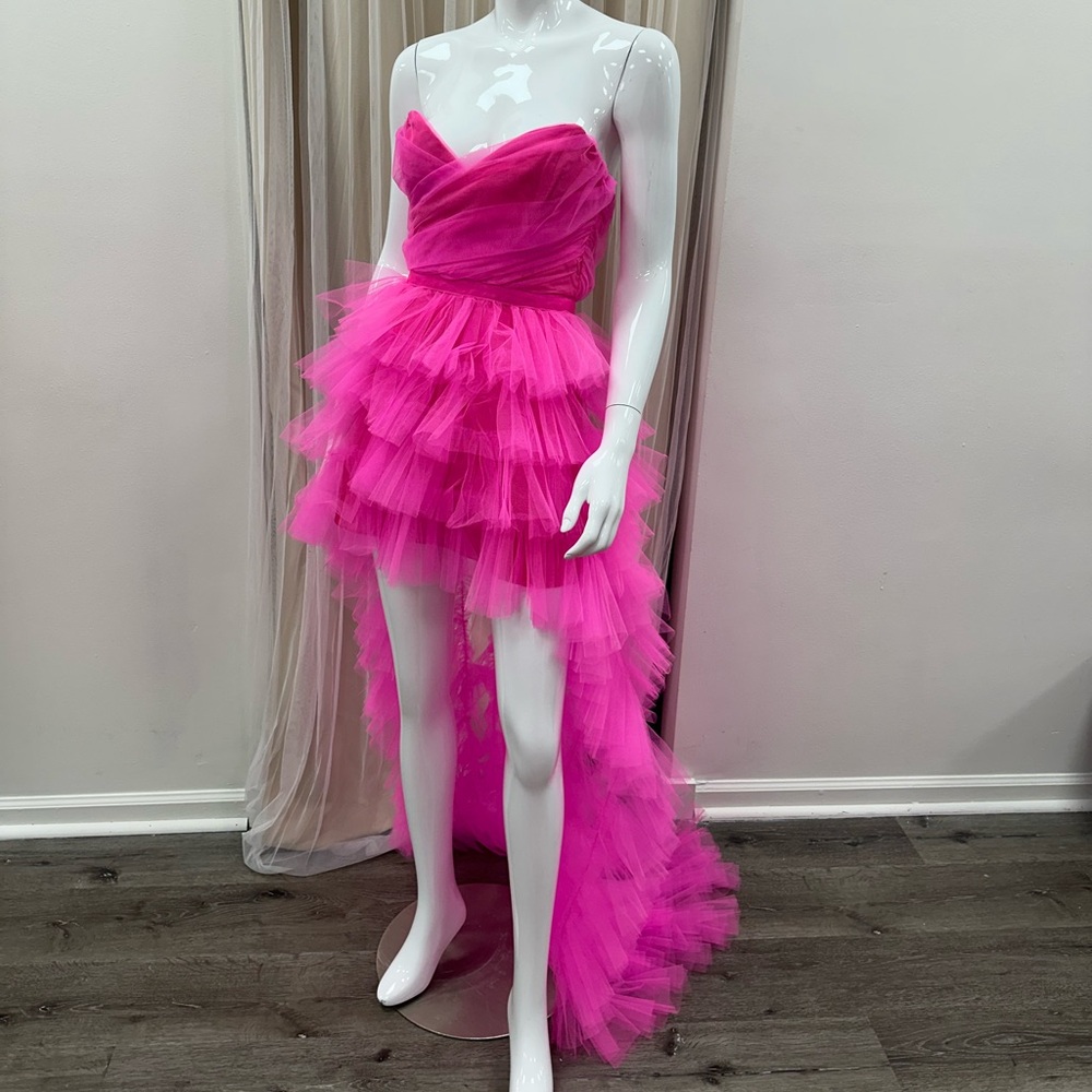 Layered Tulle High Low Strapless Mini Dress with Train Hot Pink Small Birthday